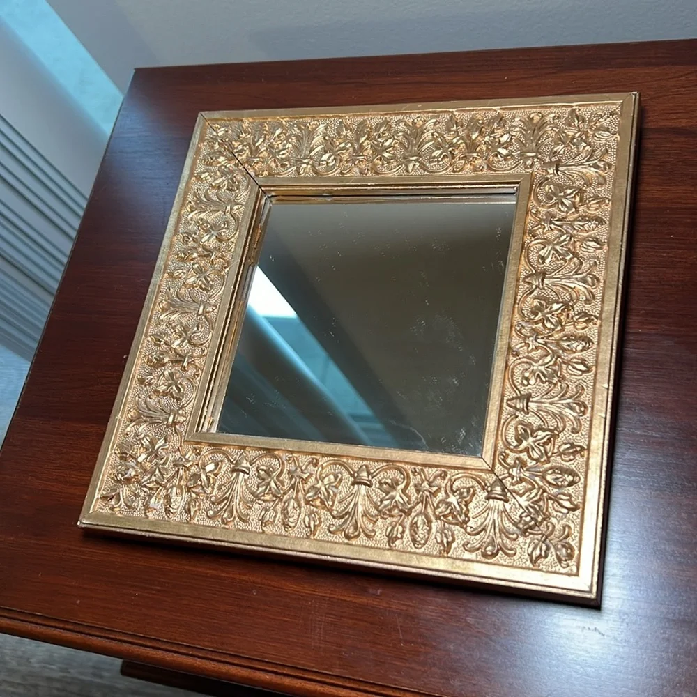 8x8” Vintage Hollywood Regency Ornate Gold Gilt Square Wall Mirror